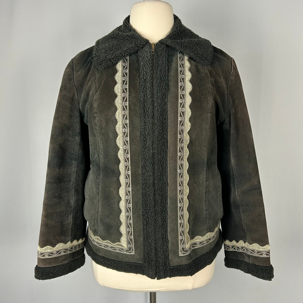 Vintage Pennylane Coat Plus Size 1X Black Suede Leather Embroidered Boho Whimsy